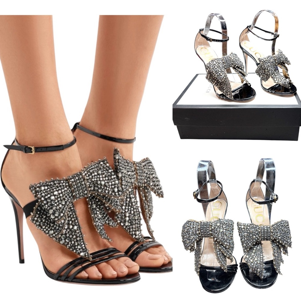 Gucci Crystal Bow Stiletto Heels Black Patent Leather EU 36 US 6